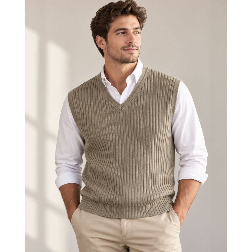 Alfani 100% Pure New Wool Sweater Vest XXL Men’s Made in Italy Taupe Gray Ribbed